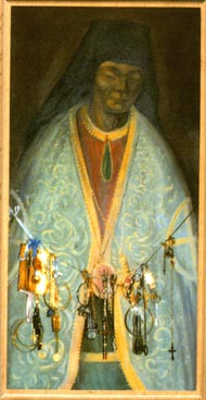 икона мощей Святителя Спиридона Тримифунтского, на изображении святой открывает глаза во время молебна